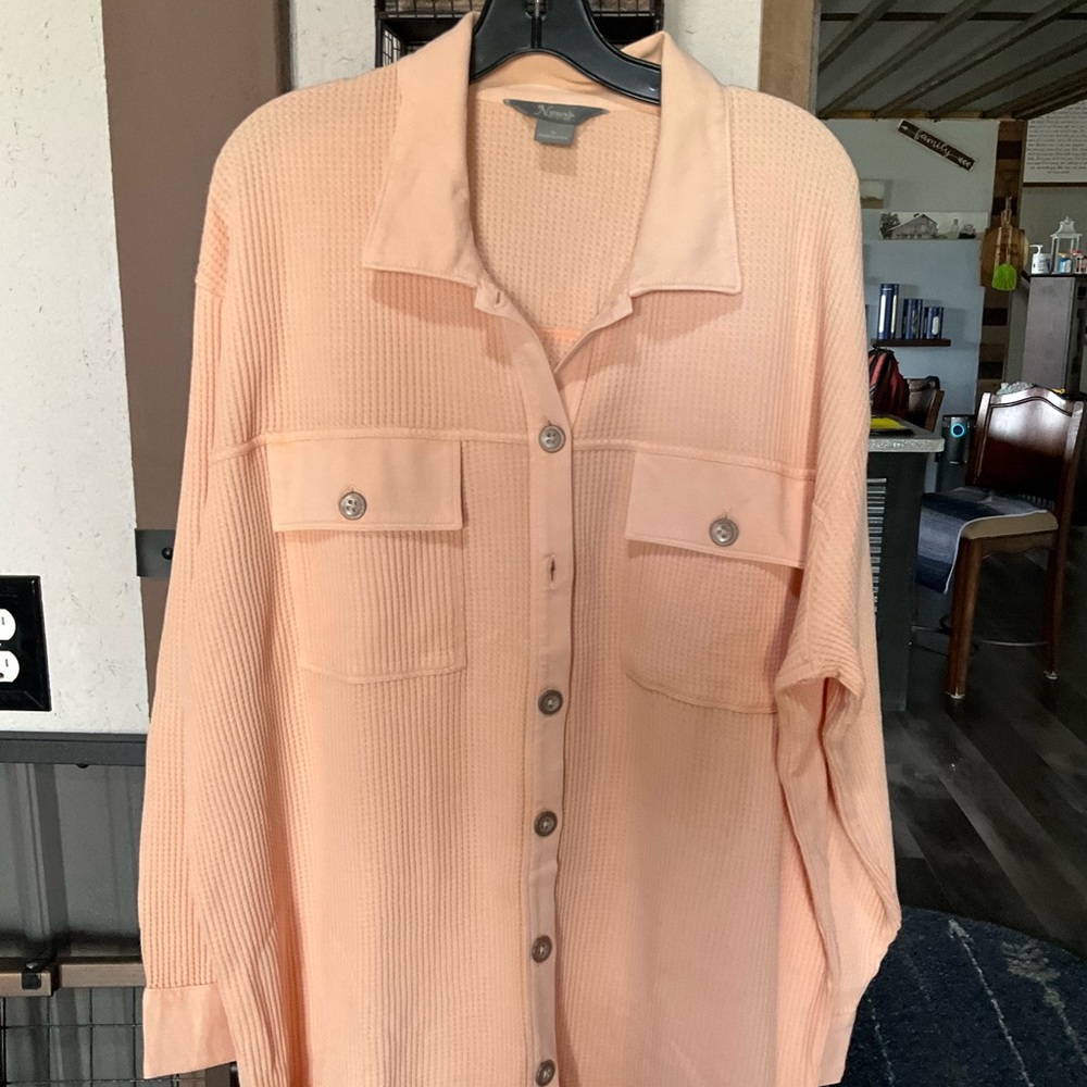 Natural Reflections Peach Button-Front Waffle Knit Shirt